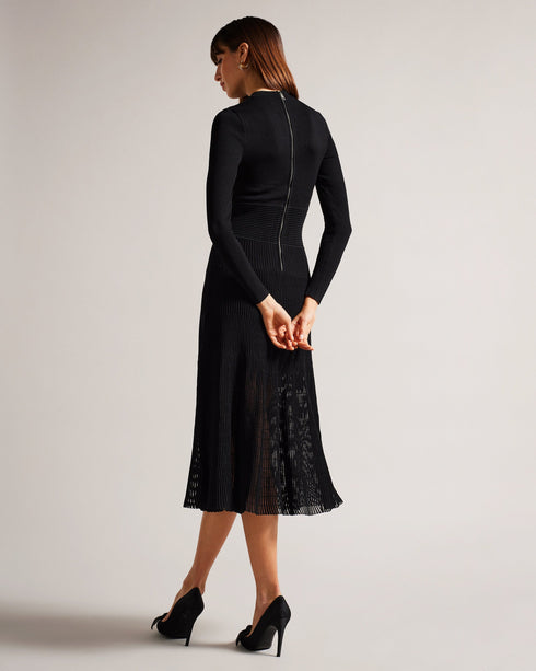 LATINIA-Dresses-This fluted knit dress is a fashion must-have. LATINIA's flattering silhouette, sleek fit and ribbed texture will look amazing with a pair of heels for a night out or worn with chunky boots for a laid back look. It features long sleeves, a crew neckline, a handy zip fastening and slim fit bodice. Midi dress Fluted skirt Ribbed texture Long sleeved Crew neck Zip fastening Slim fit bodice Julia is 5'10" / 1.78m and wears Black in a Ted size 1- Ted Baker Romania